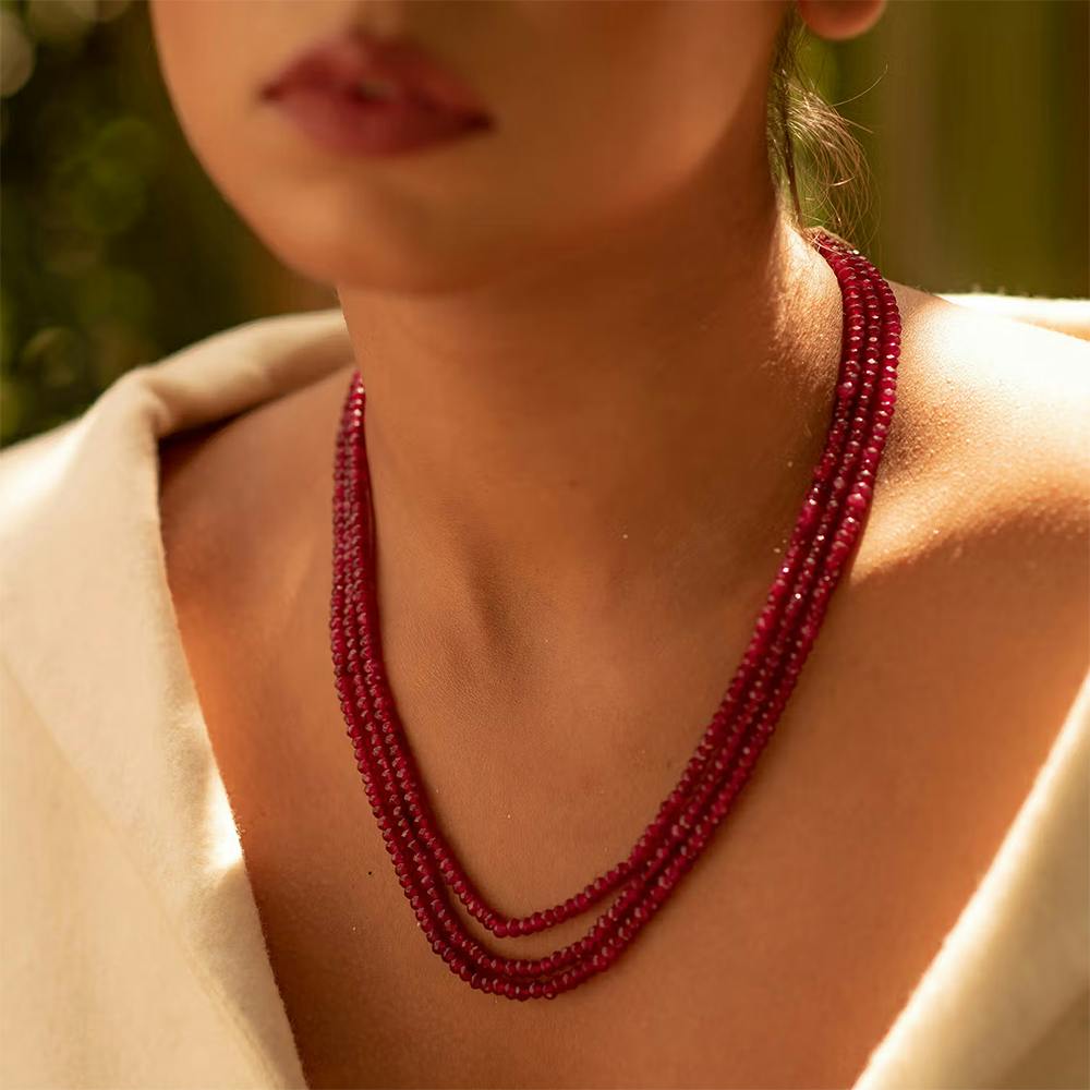 Beaded Maroon Quartz Semi Precious Gemstone Layered Necklace