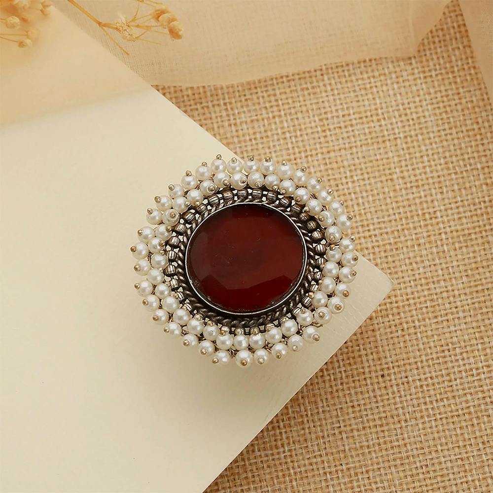 Silver Plated Maroon Cz Studded Statement Finger Ring