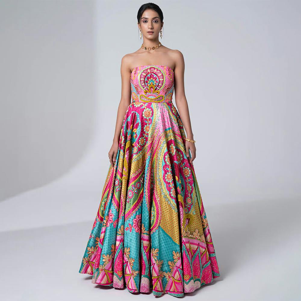 Mastani Pink & Ocean Electric Green Embroidered Gown