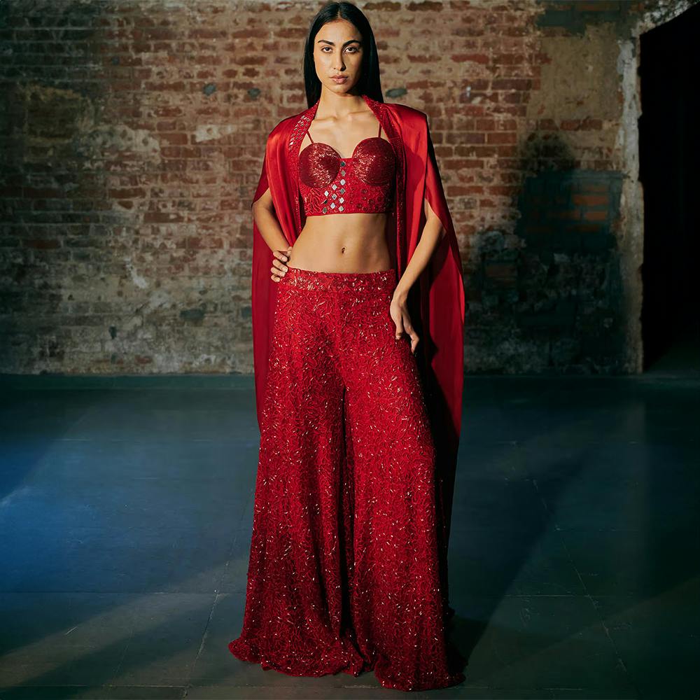 Red Opus Blouse with Sharara and Cape (Set of 3)