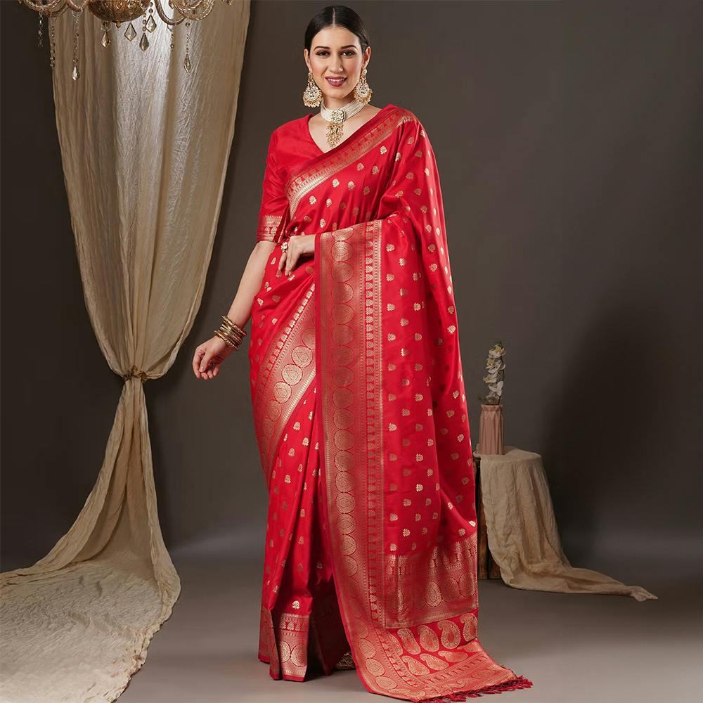 Women's Silk Blend Red Woven Design Saree with Unstitched Blouse