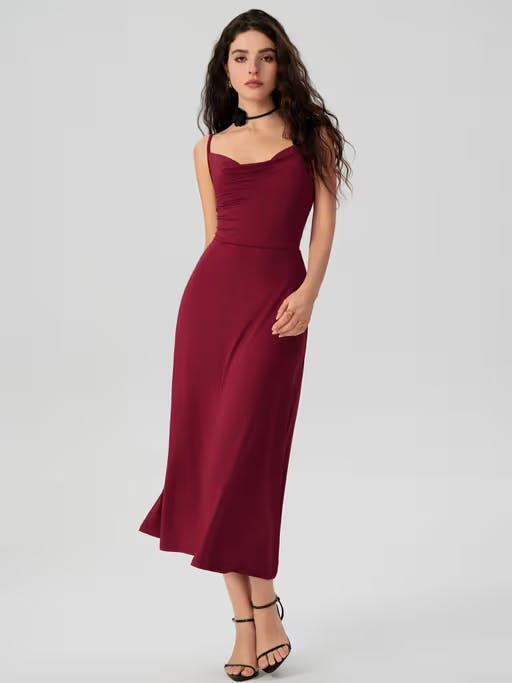 Wine Cowl Neck Solid Ruched Midi Dress