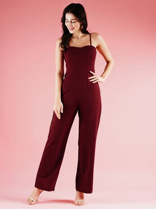 Women Maroon Sweetheart Neck Adjustable Strappy Shoulder Long Party Jumpsuit