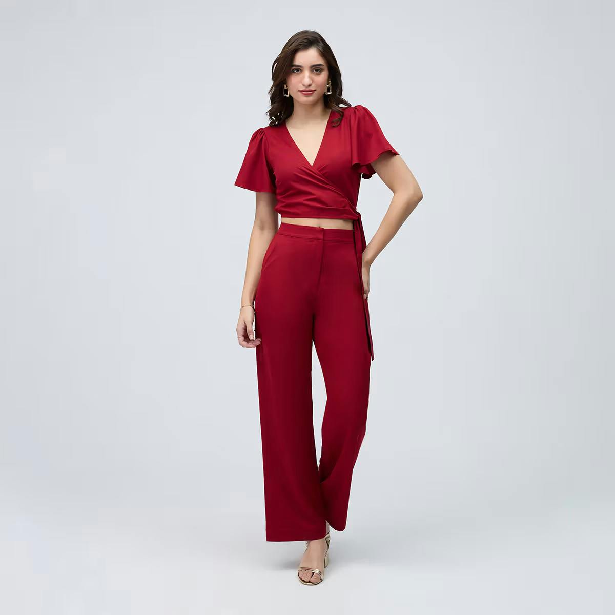 Twenty Dresses by Nykaa Fashion Maroon Solid High Waist Straight Fit Pant Co Ord (Set of 2)