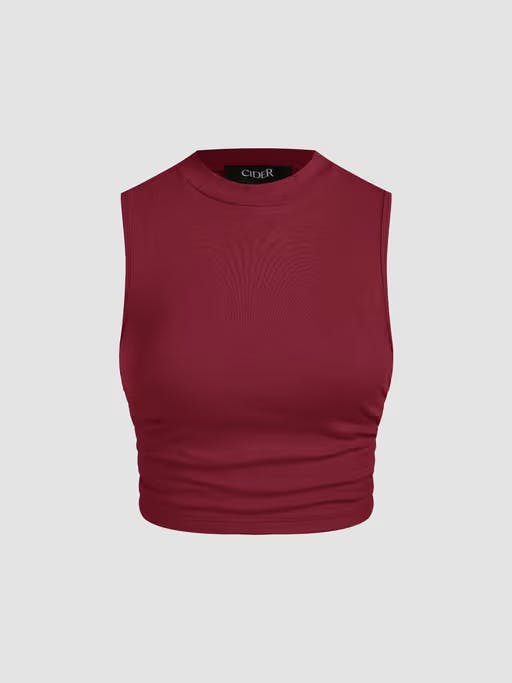 Wine Round Neckline Solid Sleeveless Ruched Crop Top