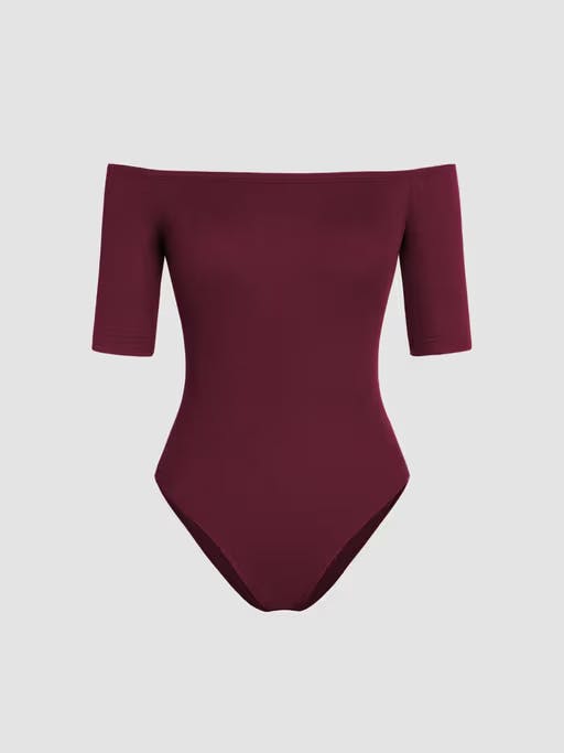 Rib Off-Shoulder Solid Bodysuit