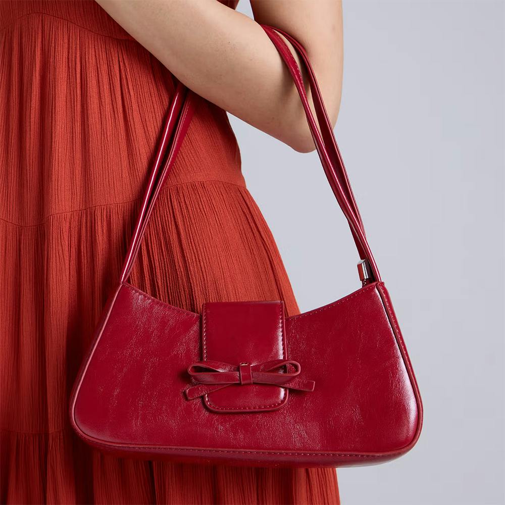 Red Solid Bow Detail Shoulder Bag