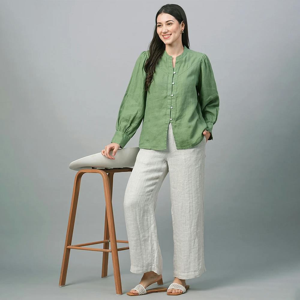 Women's Green Linen Regular Fit Blouse