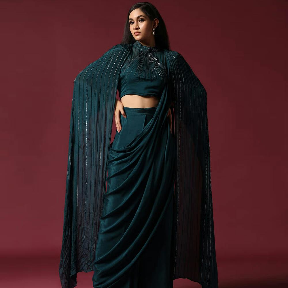 Teal Green Pre-Draped Saree with Cape& Stitched Blouse