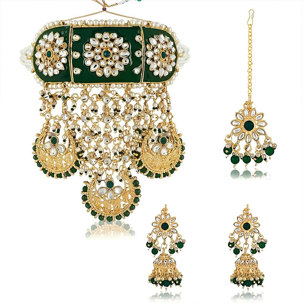 IIJ Green Beads Rajasthani Gold-Plated Kundan and Meenakari Choker Necklace Set with Earrings and Maang Tikka for Women and Girls