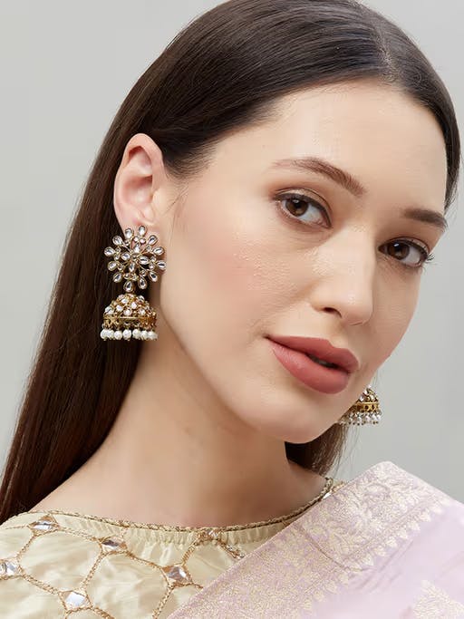 Ethnic Indian  Gold Kundan Stone Jhumka Drop Earrings