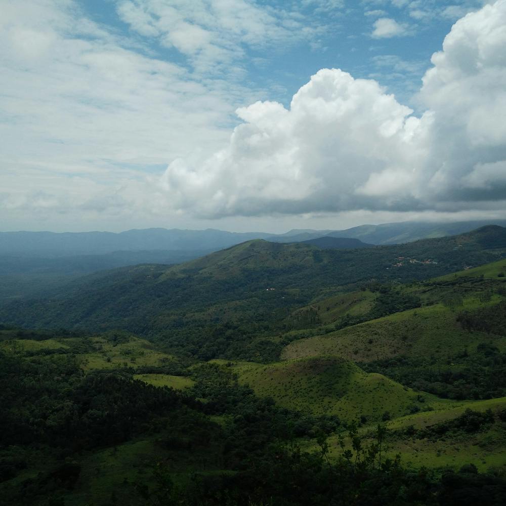 Cloud,Sky,Mountain,Plant,Natural landscape,Cumulus,Grassland,Landscape,Forest,Horizon