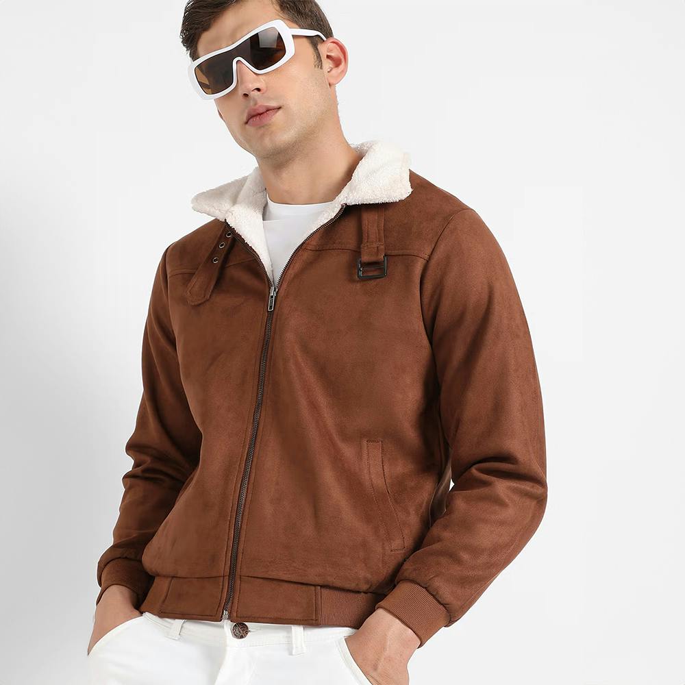 Mens Brown Zip Front Jacket with Fleece Detail