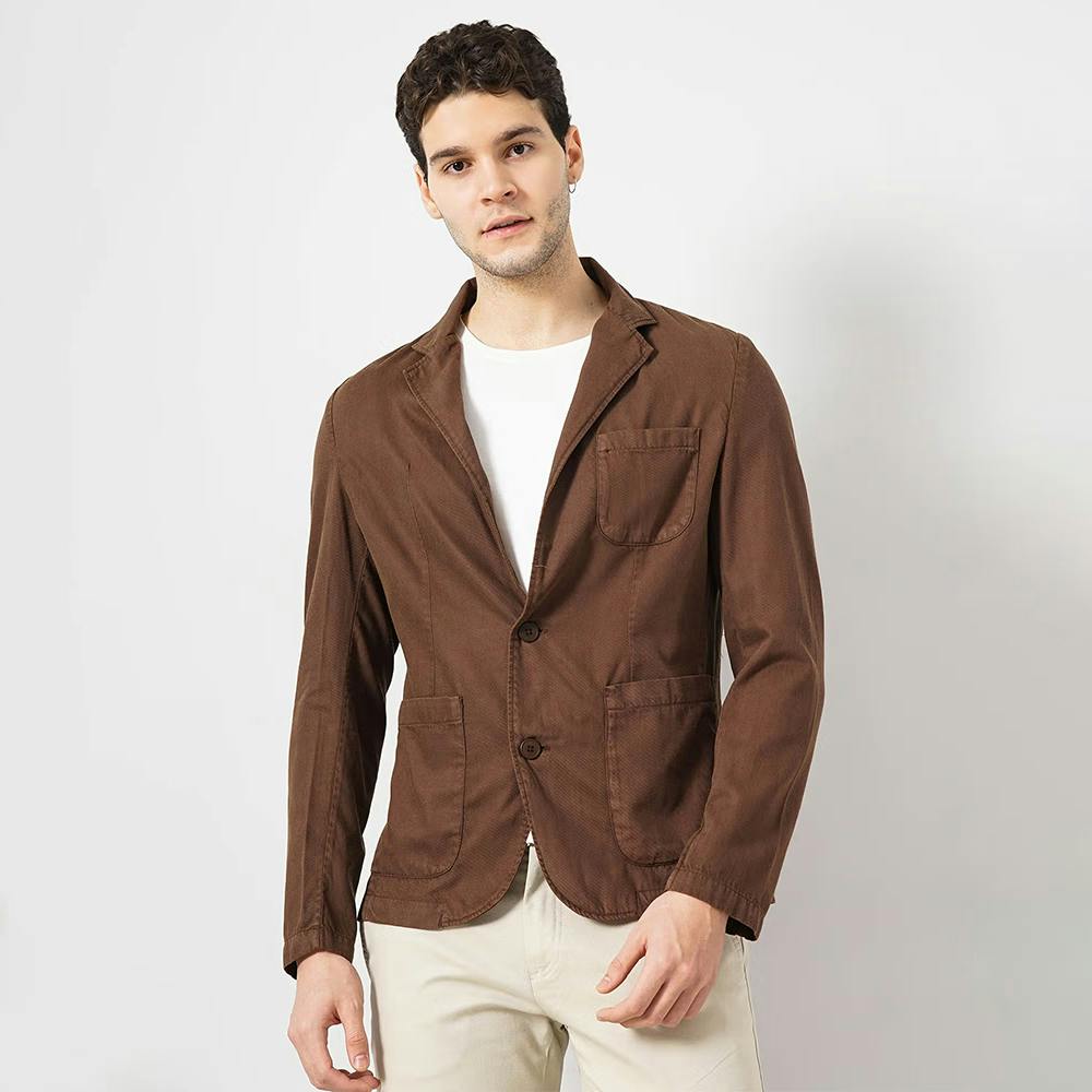 Men Brown Solid Lyocell Cotton Twill Casual Jacket