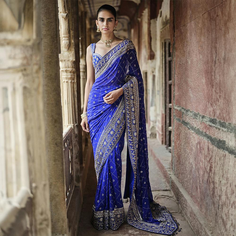 Anushna Handcrafted Badla Georgette Saree - Blue