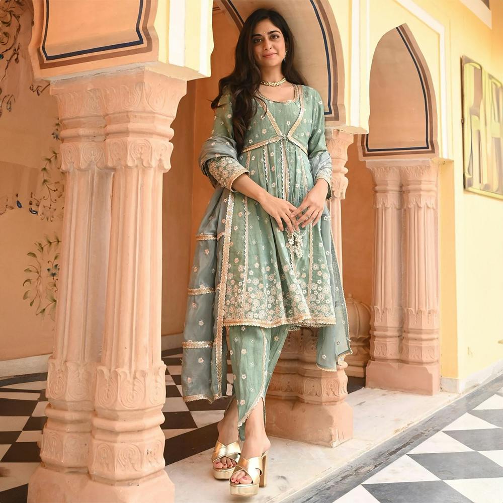 Mulmul Tissue Satin Sajeya Teal Blue Anarkali Kurta with Mulmul Luxe Tissue Satin Sajeya Teal Blue Dhoti Pant