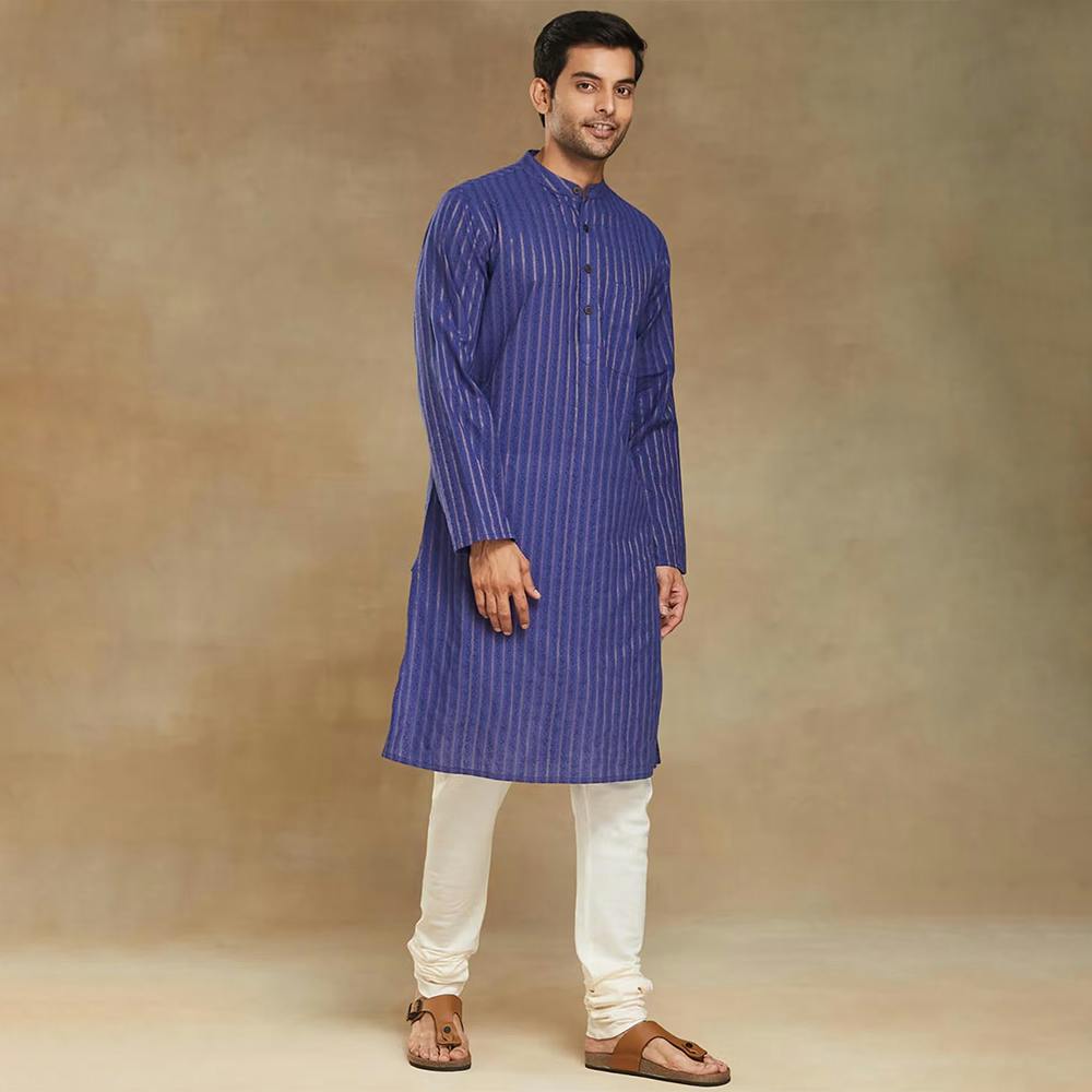 Blue Cotton Blend Hand Block Printed Long Kurta