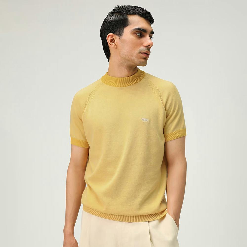 Andamen Regular Fit Men Yellow Solid Cotton Single Jersey Mock Neck Crew T-Shirt