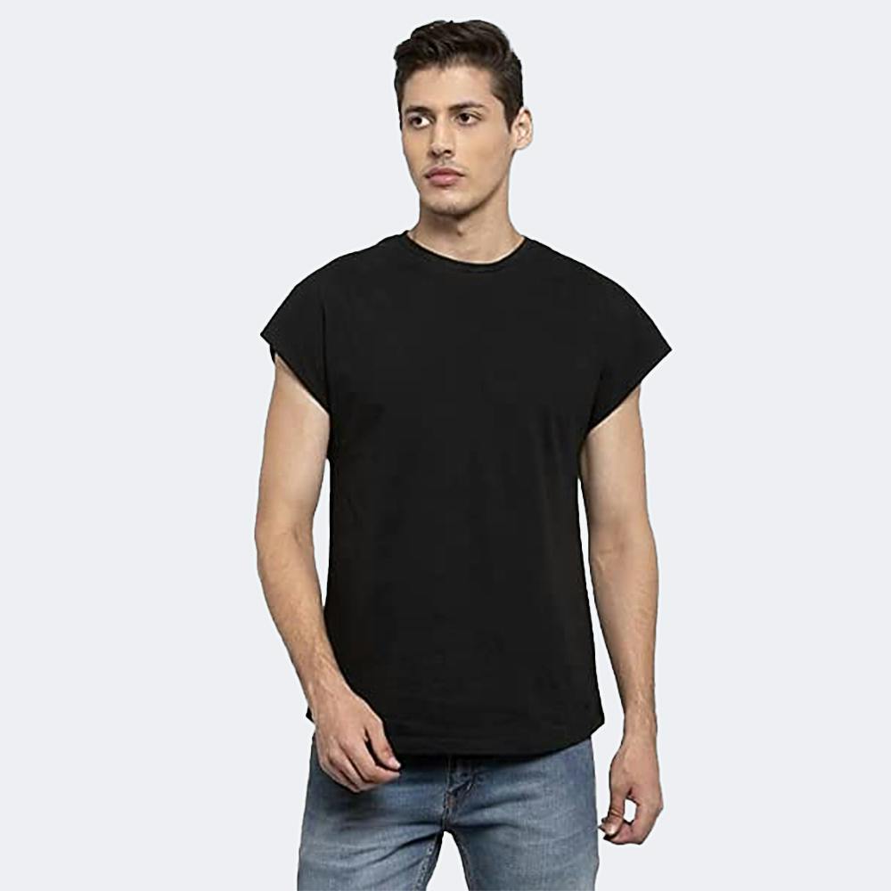 DOOR74 Black Solid Cap Sleeve T-Shirt