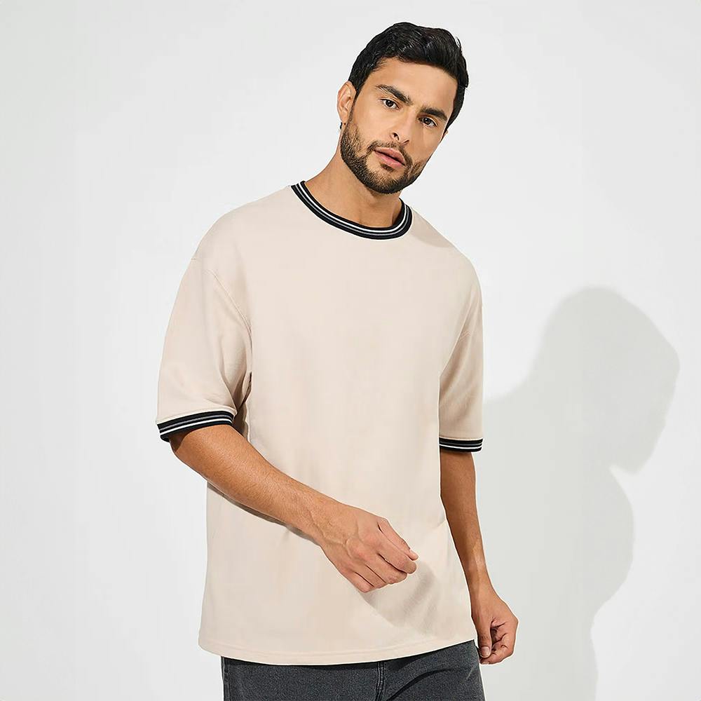 Men Cream Solid Cotton Terry Ringer Tee with Contrast Rib Neck Detail