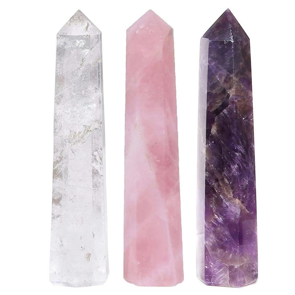 Amethyst, Clear Quartz, Rose Quartz Crystals Pencils Wand Set for Reiki Healing and Grid Making Set