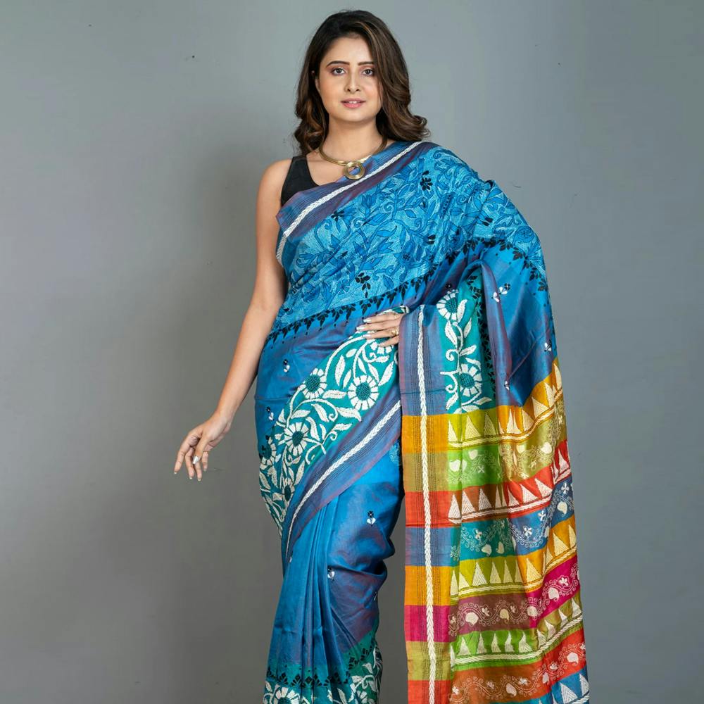 3D Nakshi Kantha Stitch Work Pure Silk Saree in Blue, Cyan, Off White, Black and Multicolored