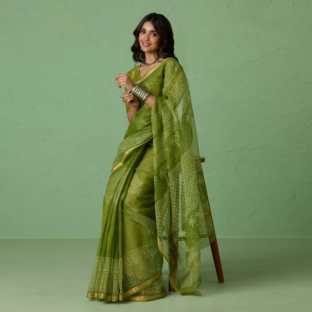 Pure Kota Doria Authentic Hand Block Print Green Saree