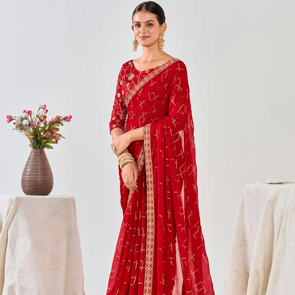 Modern Contrast Bandhani Foil Printed with Embroidered Border Red Saree & Unstitched Blouse