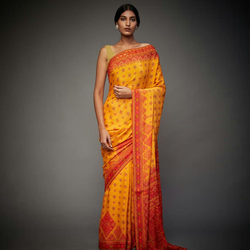 Yellow & Orange Phulkari Saree