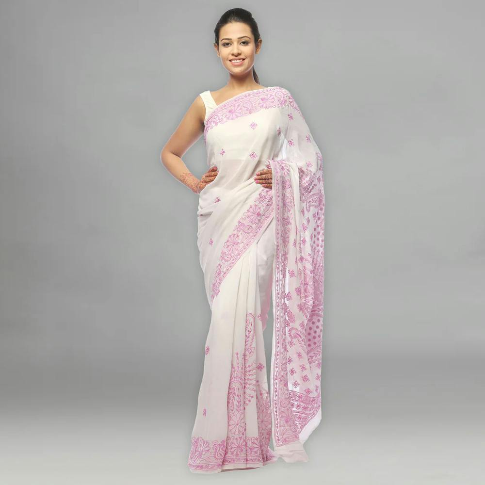 Hand Embroidered White Pure Georgette Lucknowi Saree