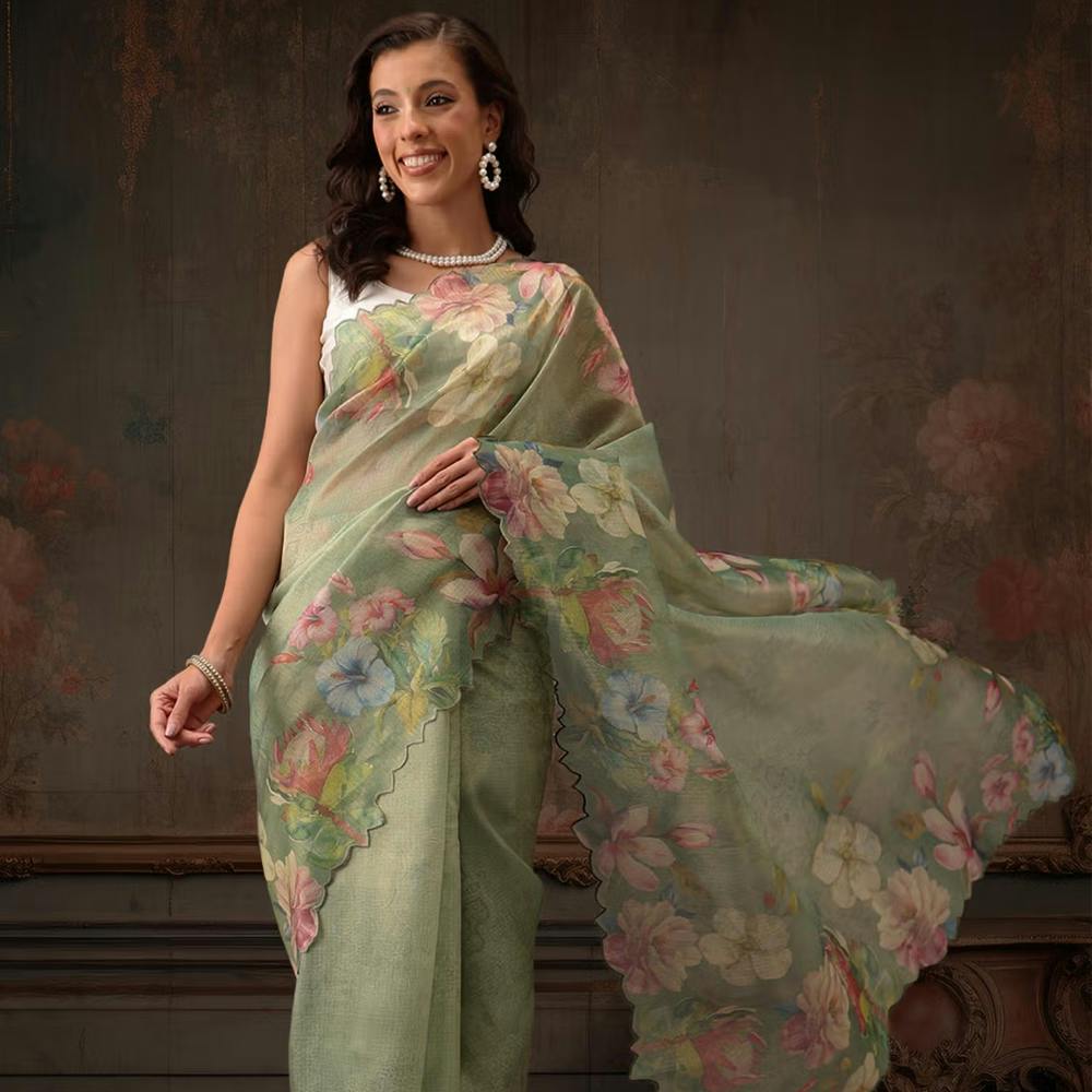 Green Kota Doria Tissue Silk Printed Saree with Cutwork Border