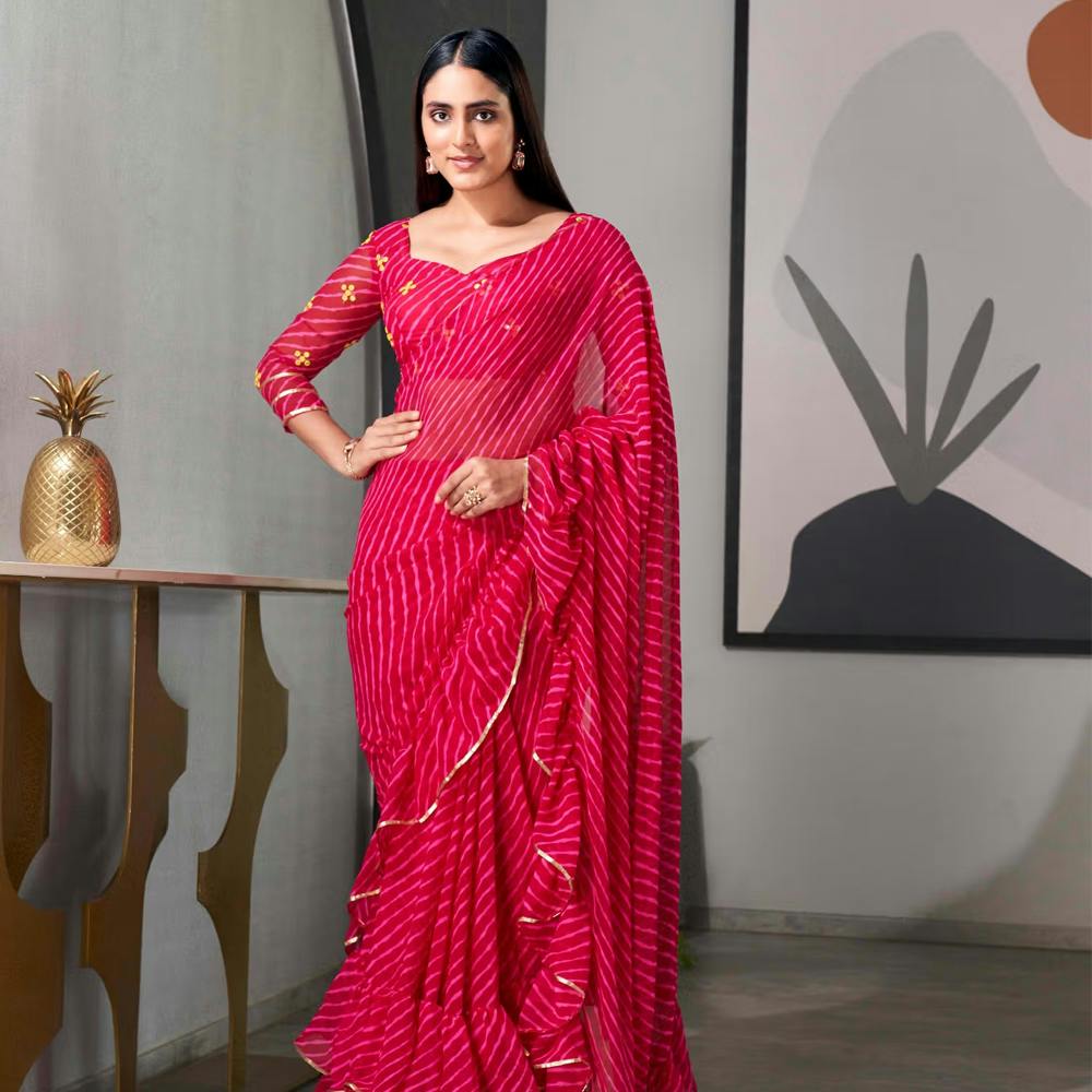 Pink Colored Leheriya Saree With Frill