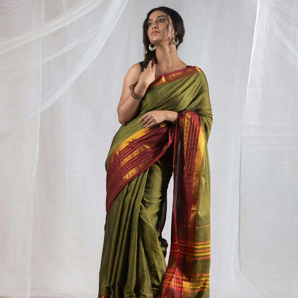 Mehndi Green Pure Handloom Narayani Cotton Saree