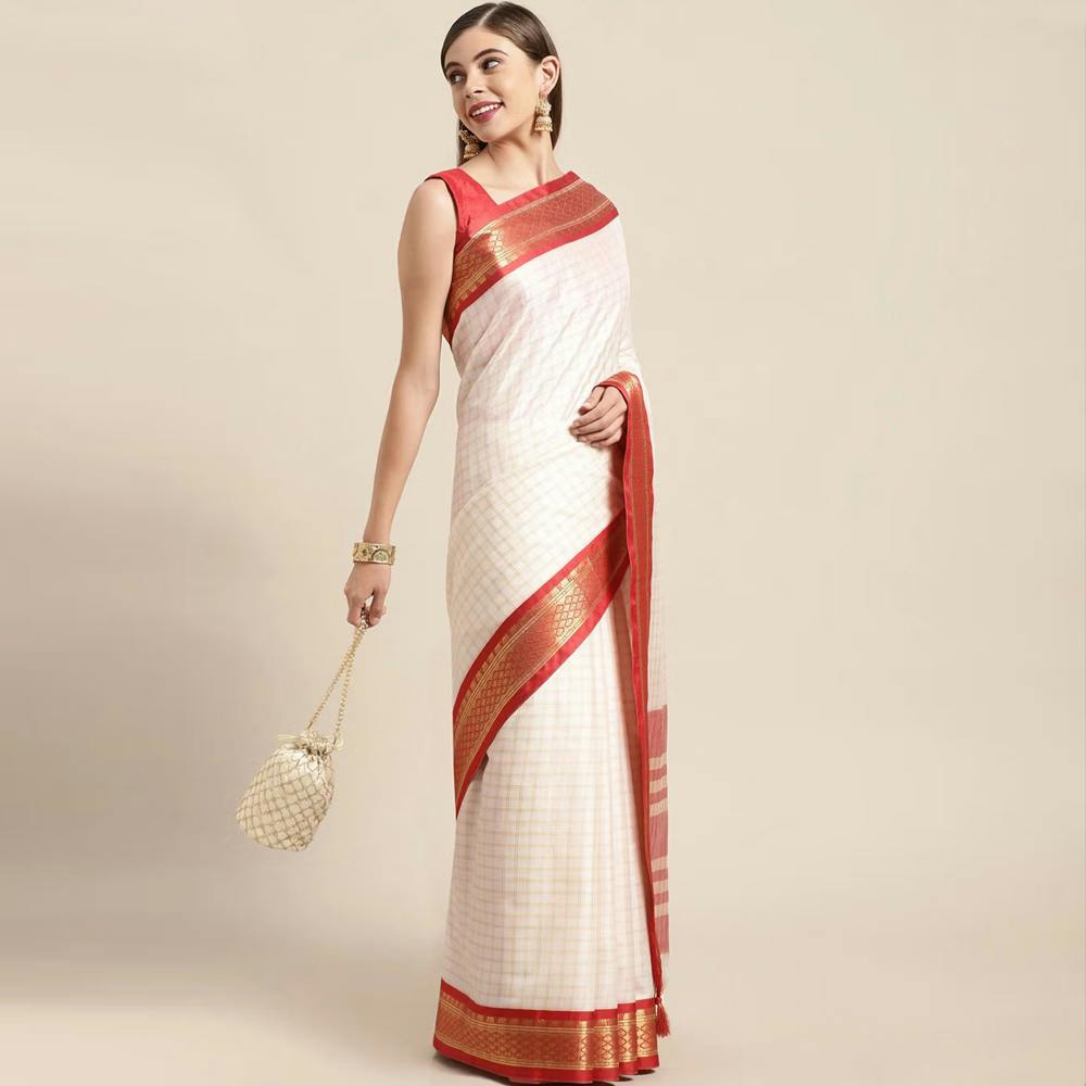 Red Checked Zari Pure Silk Gadwal Saree