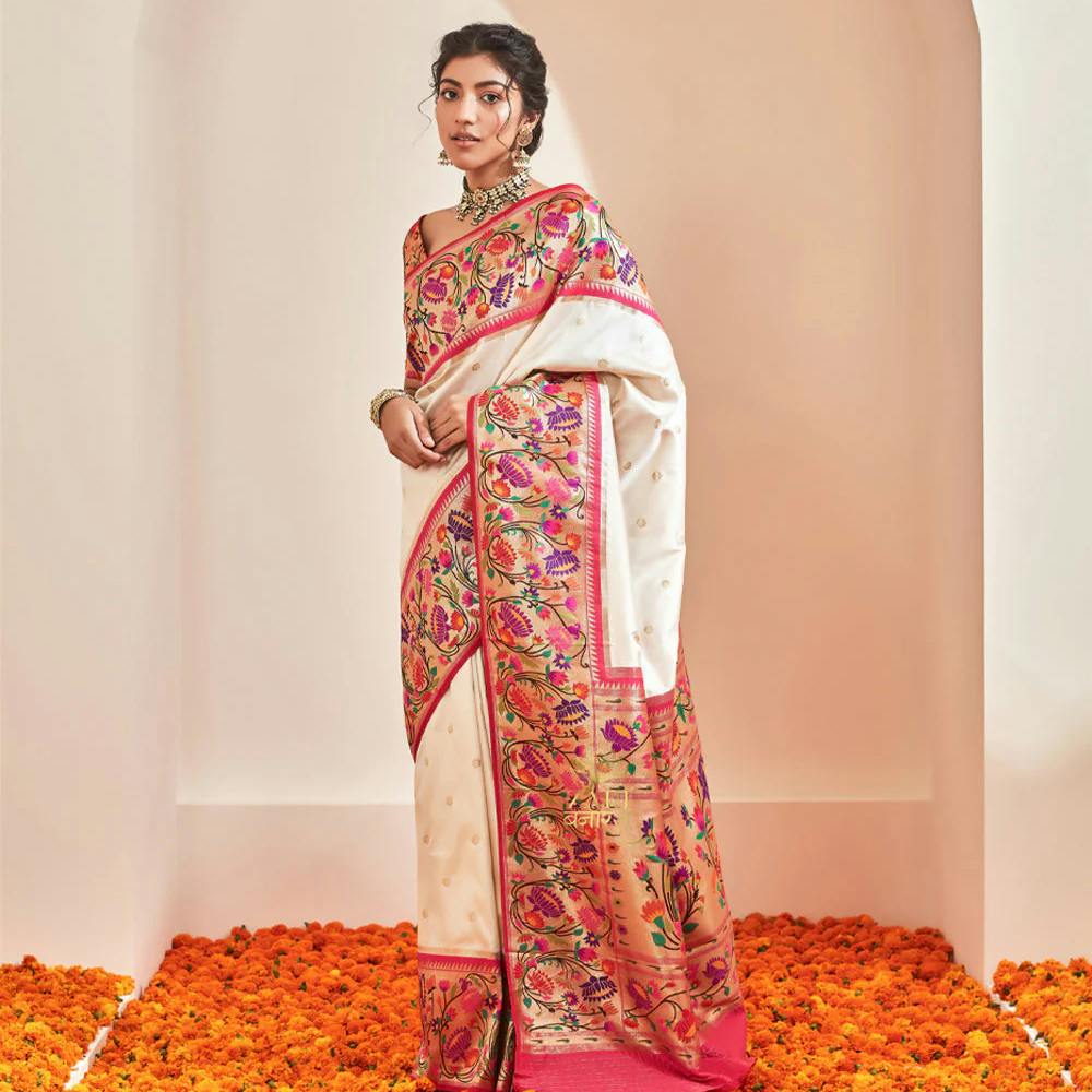 Kamalya: Paithani Saree In Shades Of White And Classic Lotus Motifs