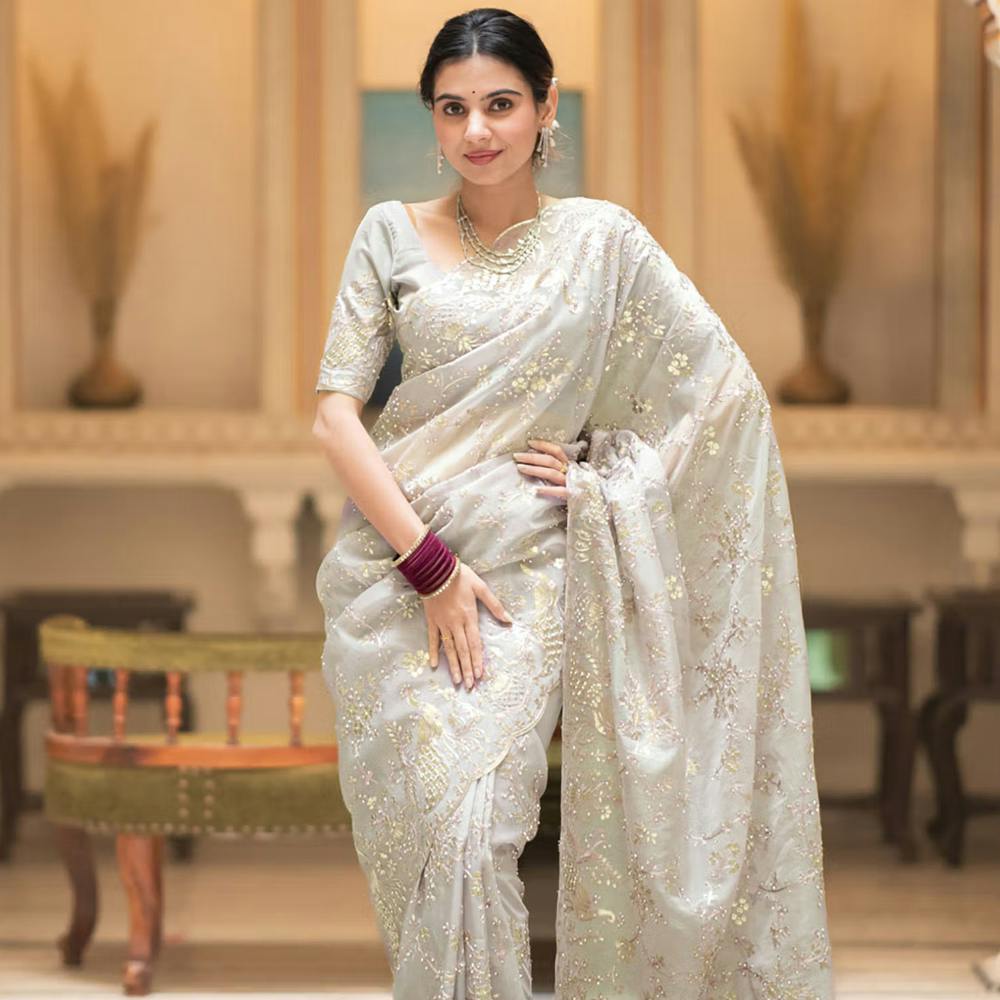 Off White Embroidery French Silk Saree with Unstitched Blouse