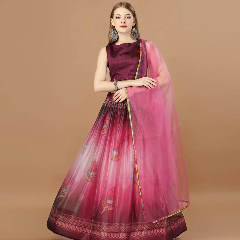 Women Pink Ombre Printed Lycra Unstitched Lehenga with Choli and Dupatta