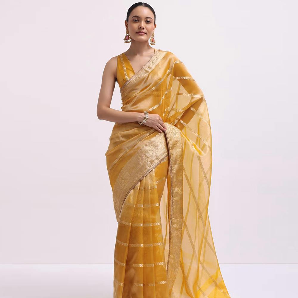 Mustard Yellow Zari Woven Chanderi Saree with Unstitched Blouse