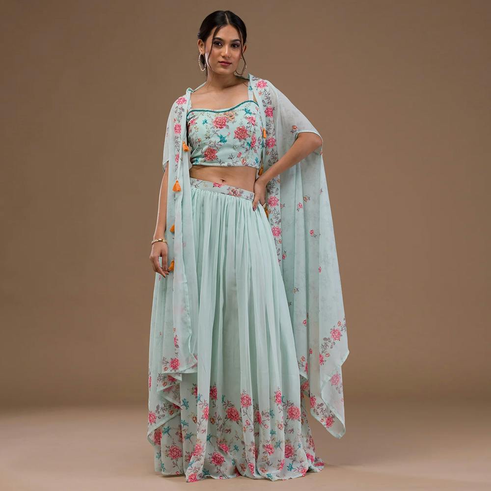 Sea Green Printed Georgette Readymade Lehenga