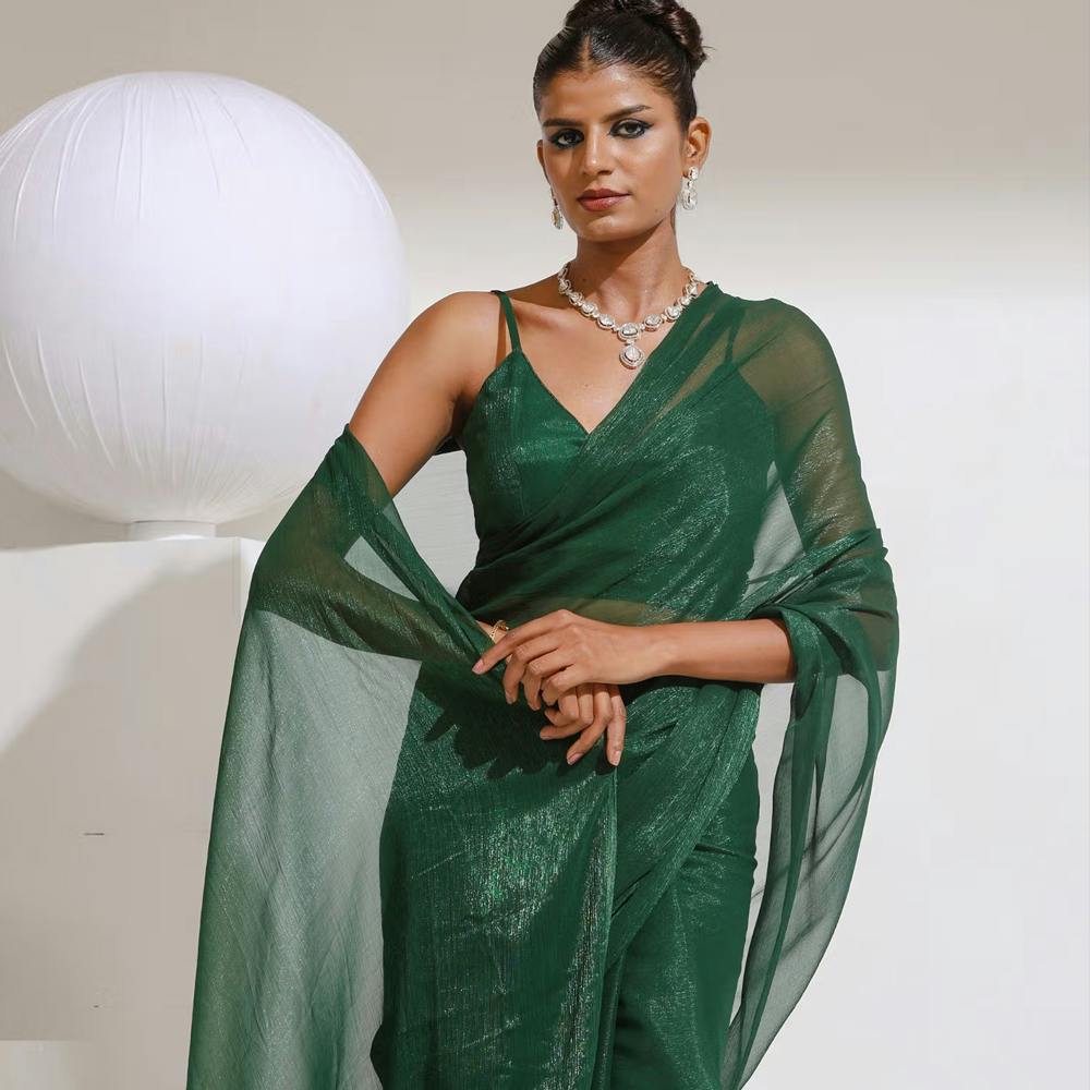 Grass Is Greener Chiffon Shimmer Saree with Beads and with Unstitched Blouse