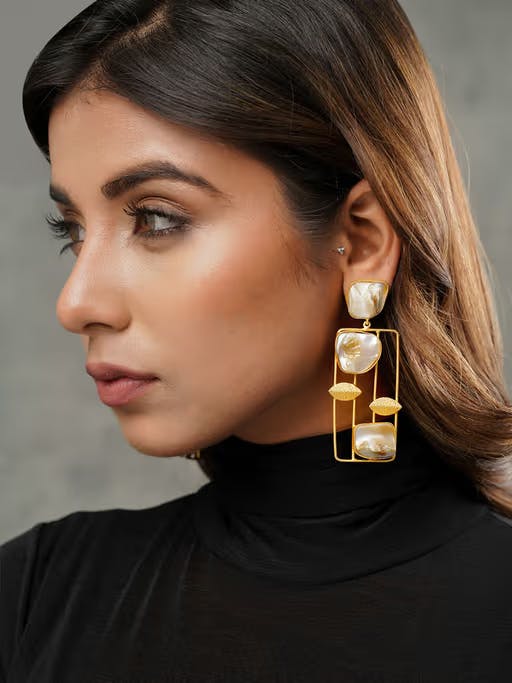 VIRAASI Gold Matte Raw Stone Beaded Dangler Earrings for Women and Girls