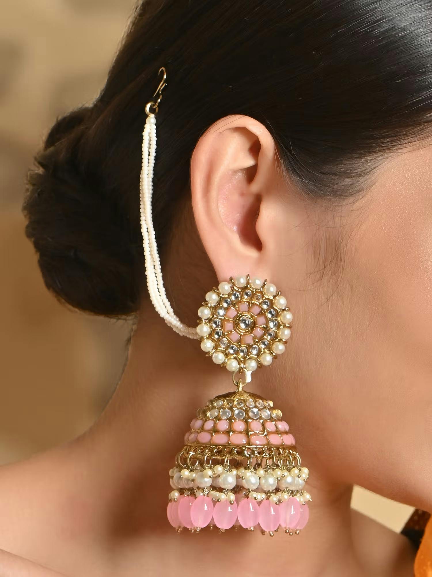 Ethnic Gold Plated Peach Beads Kundan Pearl Jhumka Earring for Women