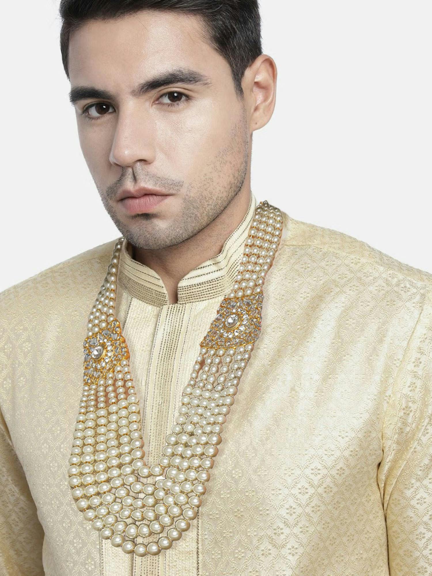 OOMPH White Pearls and Stones Moti Mala Necklace for Men