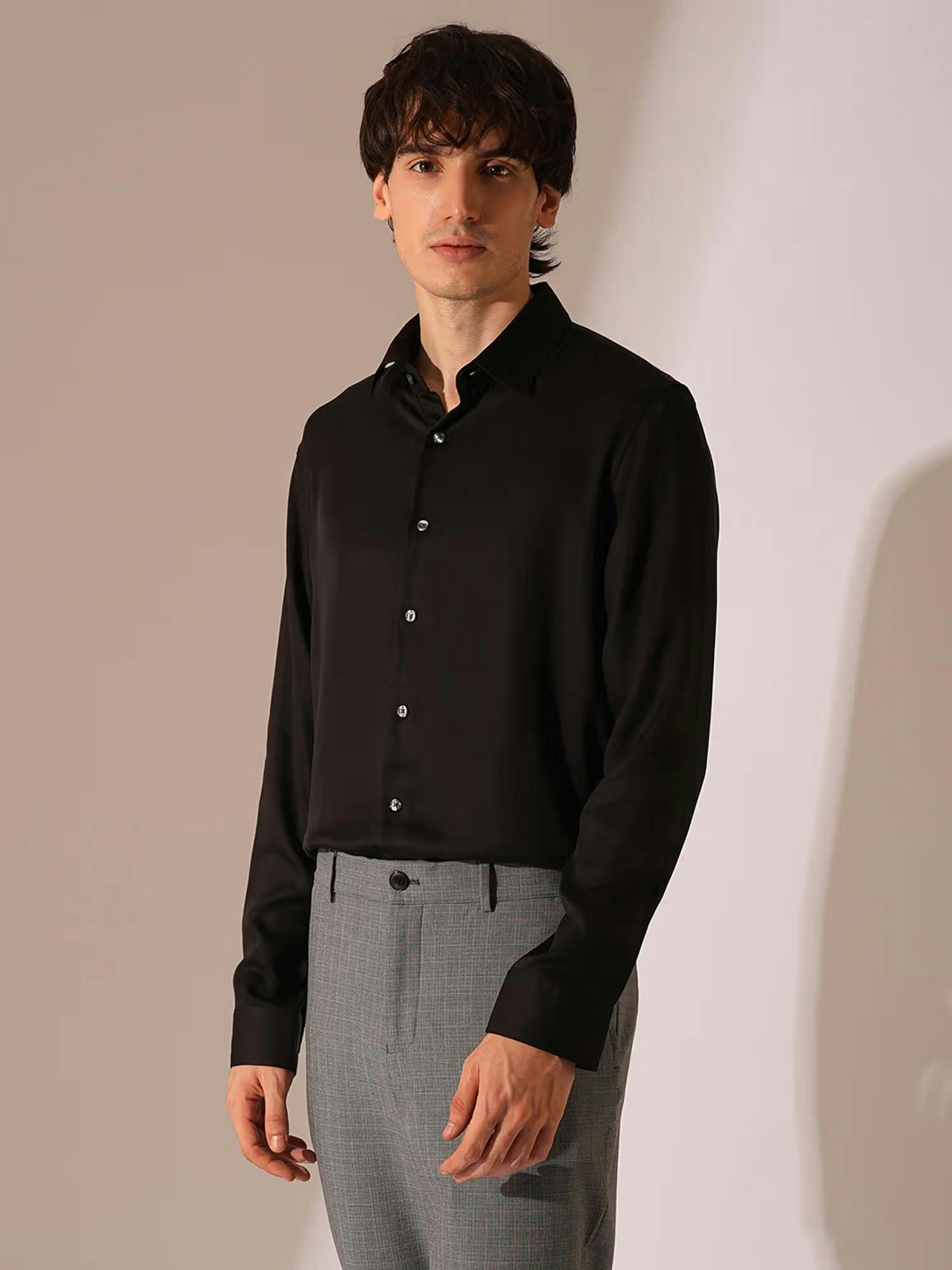 Black Lyocell Satin Relaxed Fit Shirt