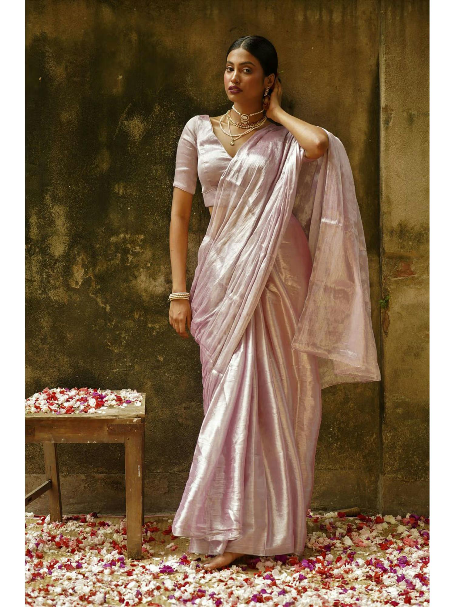 Huts and Looms Pink Tissue Saree Without Blouse