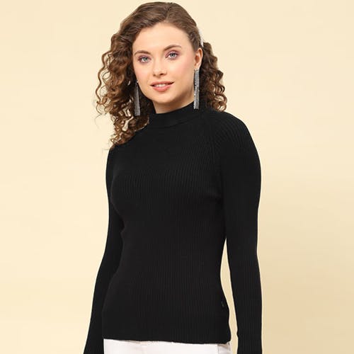 Monte Carlo Womens Solid Black High Neck Full Sleeve Sweater