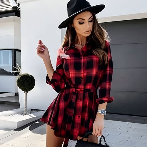 Oh Rare Womens Checks Shirt Plaid Mini Dress with Belt Red (Set of 2)