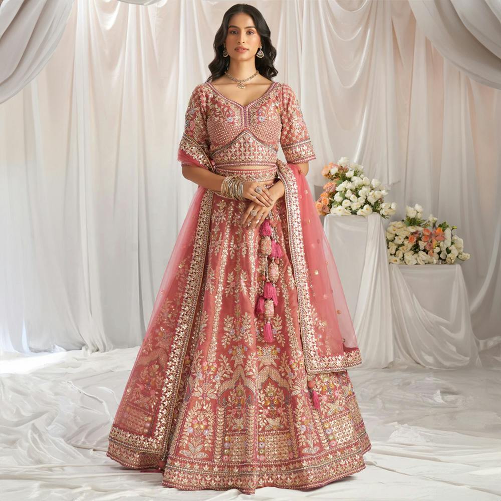 Bridal Net Multi-Thread Semi-Stitched Lehenga - Rosegold