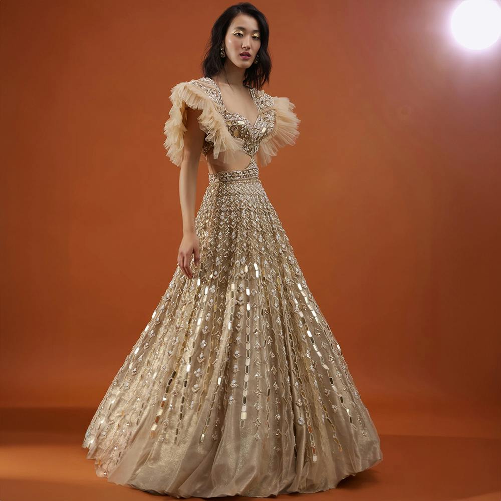 Champagne Gold Angelic Net Gown With Mirror Work And Ruffle Sleeves - NOOR 2022