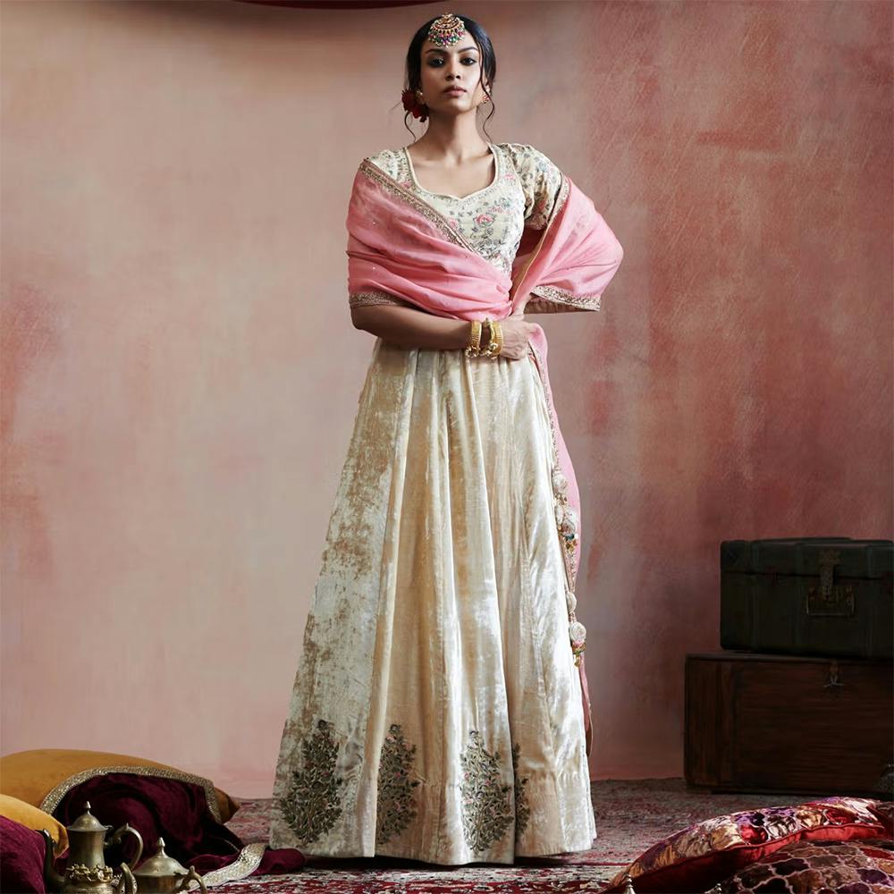 WeaverStory Hand Embroidered Beige Skirt with Blouse & Pink Organza Dupatta